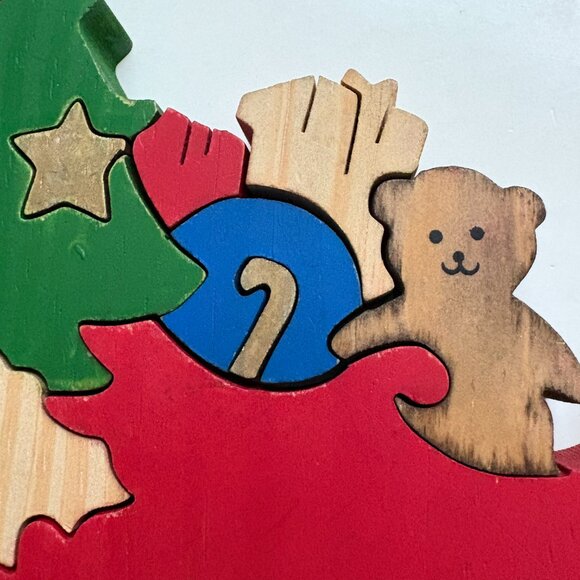 Santa Sleigh Jigsaw Puzzle Block Wood Handcrafted Christmas Figurine 3D Vintage - Picture 8 of 15